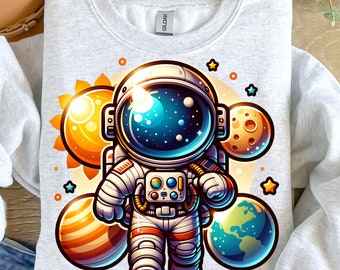 Astronaute PNG, espace de dessin animé Png, planètes colorées Png, soleil espace Clipart, conception de sublimation de chemise, téléchargement numérique PNG