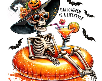Halloween es un estilo de vida PNG, Clipart de esqueleto de verano espeluznante, Clipart de esqueleto flotante de Halloween, Diseño de sublimación, Descarga digital PNG