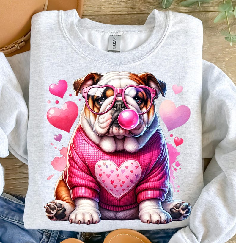 K&ouml;nnte beinhalten: Ein grauer Pullover mit einem rosa und wei&szlig;en Bulldoggen, der eine rosa herzf&ouml;rmige Sonnenbrille tr&auml;gt und eine rosa Blase bl&auml;st. Der Bulldogge tr&auml;gt einen rosa Pullover mit einem rosa Herzen auf der Vorderseite. Der Hintergrund ist wei&szlig; mit rosa Herzen.