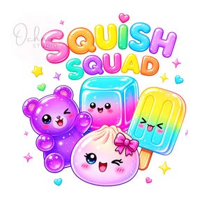 Könnte beinhalten: Eine bunte grafische Illustration mit dem Text SQUISH SQUAD in Buchstabenform über einem violetten Gummibärchen, einem blau-rosa Farbverlaufswürfel, einem gelb-blauen Eis am Stiel und einem rosa Knödel mit Schleife, alle mit lächelnden Gesichtern.