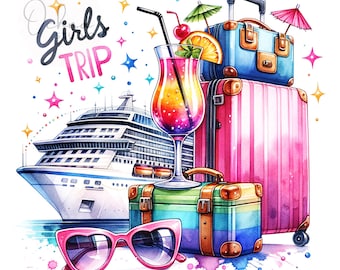 PNG de viaje de chicas, PNG de crucero colorido, barco de crucero, PNG de vacaciones, PNG de día festivo, cócteles, diseño para sublimación de camisetas, descarga digital PNG