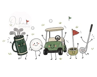 Dibujo de golf PNG, palo de golf, pelota, tee, carrito, deportes PNG, imágenes prediseñadas de golf, carrito de golf PNG, amante del golf, dibujo alegre (descarga digital)