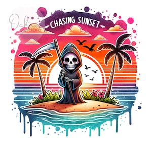 Chasing Sunset PNG, Summer Skeleton, Sarcastic Skeleton, Beach Skeleton PNG, Grim Reaper Beach Png, Sublimation Design, Digital Download PNG