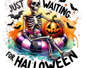May include: A skeleton wearing a swimsuit floats in a purple and white inflatable ring with a jack-o-lantern. The skeleton is holding the pumpkin with one hand and has the text "Just Waiting for Halloween" around it.