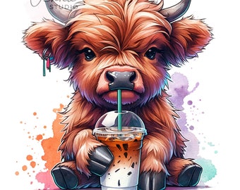 Caffè freddo con mucca delle Highlands PNG, clipart di mucca delle Highlands carina, caffè freddo PNG, design per sublimazione, sublimazione per magliette, download digitale PNG