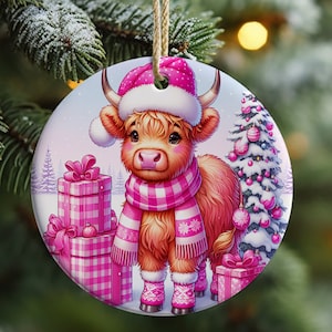 Christmas Highland Cow Ornament Sublimation, Highland Cow Ornament, Pink Christmas Round Ornament, PNG Transparent, Digital Download PNG