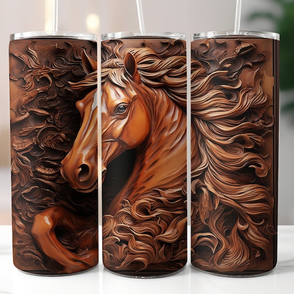 3D Wood Carving Horse Tumbler Wrapped, Horse Tumbler Sublimation Design, 20oz Skinny Tumbler, Tumbler PNG, 3D Tumbler Wrap, Digital Download