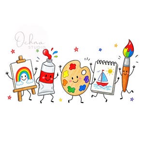 Puede incluir: Una ilustración colorida que presenta cinco suministros de arte antropomórficos con caras sonrientes: un caballete con un dibujo de arcoíris, un tubo de pintura roja, una paleta de madera, un cuaderno de espiral con un velero y un pincel.