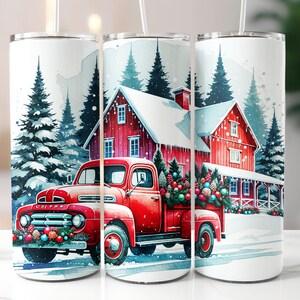 Christmas Truck Tumbler Wrap, Christmas Barn Tumbler, Vintage Red Truck Christmas, Winter Barn, 20oz Skinny Tumbler, Digital Download PNG
