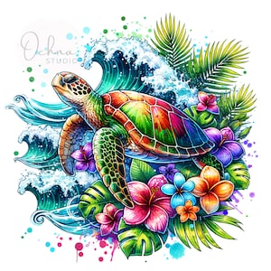 Op de afbeelding: Een kleurrijke illustratie van een zeeschildpad die door een golf zwemt met tropische bloemen en bladeren. De schildpad is groen, oranje en rood, en de bloemen zijn roze, paars, blauw en geel. De achtergrond is een blauwe en groene aquarelwas.