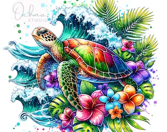 May include: A colorful illustration of a sea turtle swimming through a wave with tropical flowers and leaves. The turtle is green, orange, and red, and the flowers are pink, purple, blue, and yellow. The background is a blue and green watercolor wash.