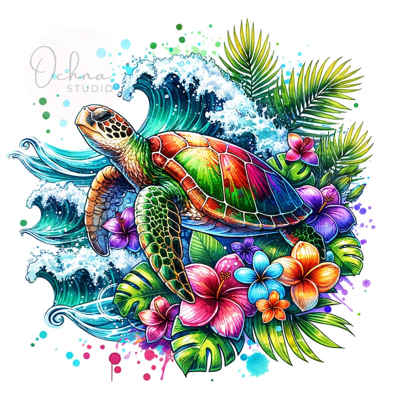 May include: A colorful illustration of a sea turtle swimming through a wave with tropical flowers and leaves. The turtle is green, orange, and red, and the flowers are pink, purple, blue, and yellow. The background is a blue and green watercolor wash.