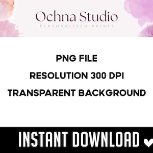 Może przedstawiać: Grafika do pobrania cyfrowego z logo Ochna Studio i tekstem "PNG FILE, RESOLUTION 300 DPI, TRANSPARENT BACKGROUND, INSTANT DOWNLOAD". Tło zawiera akcenty w kolorze r&oacute;żowym i fioletowym w stylu akwareli.