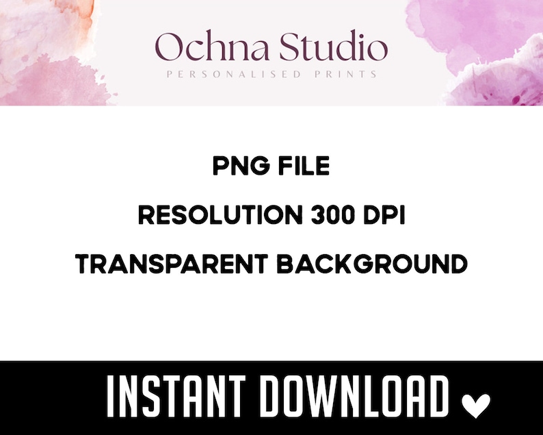 Może przedstawiać: Grafika do pobrania cyfrowego z logo Ochna Studio i tekstem "PNG FILE, RESOLUTION 300 DPI, TRANSPARENT BACKGROUND, INSTANT DOWNLOAD". Tło zawiera akcenty w kolorze r&oacute;żowym i fioletowym w stylu akwareli.