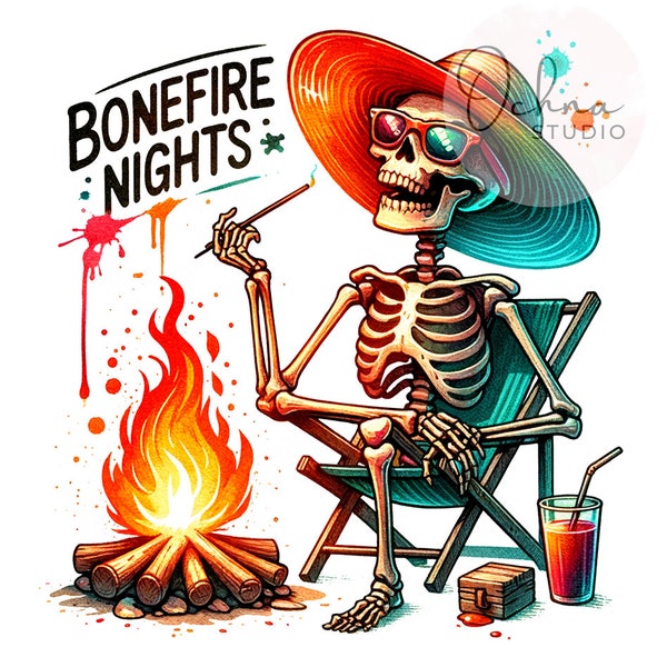 Summer Bonfire PNG, Funny Summer Skeleton Clipart, Orange Bonefire Nights Snarky Skeleton, Shirt Sublimation, Digital Download PNG