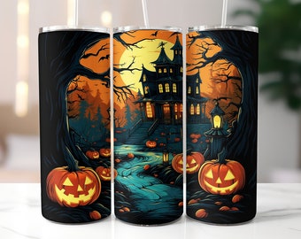 3D Jack O Lanterns Haunted House Tumbler Wrap, 3D Halloween Tumbler Wrap, Spooky Tumbler Sublimation, 20oz Skinny Tumbler, Digital Download
