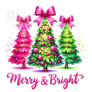 Merry And Bright PNG, Christmas Trees Png, Pink Green Christmas Png, Happy Holiday Png, Sublimation Designs, Digital Download PNG