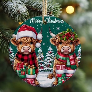 Christmas Highland Cow Ornament Sublimation, Highland Cow Ornament, Christmas Round Ornament, PNG Transparent Background, Digital Download
