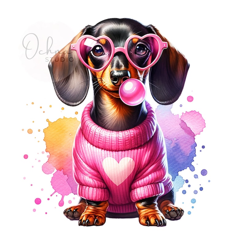 May include: A dachshund wearing pink heart-shaped sunglasses and a pink sweater with a white heart on the front. The dog is blowing a pink bubble. The background is a watercolor wash of pink, orange, and blue.