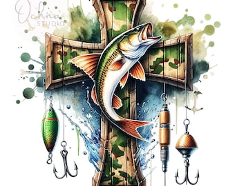 Camo Cross Fishing PNG, Christian Fishers of Men png, Bible Nature, Christian Png, Faith Fish Png, Sublimation Designs, Digital Download PNG