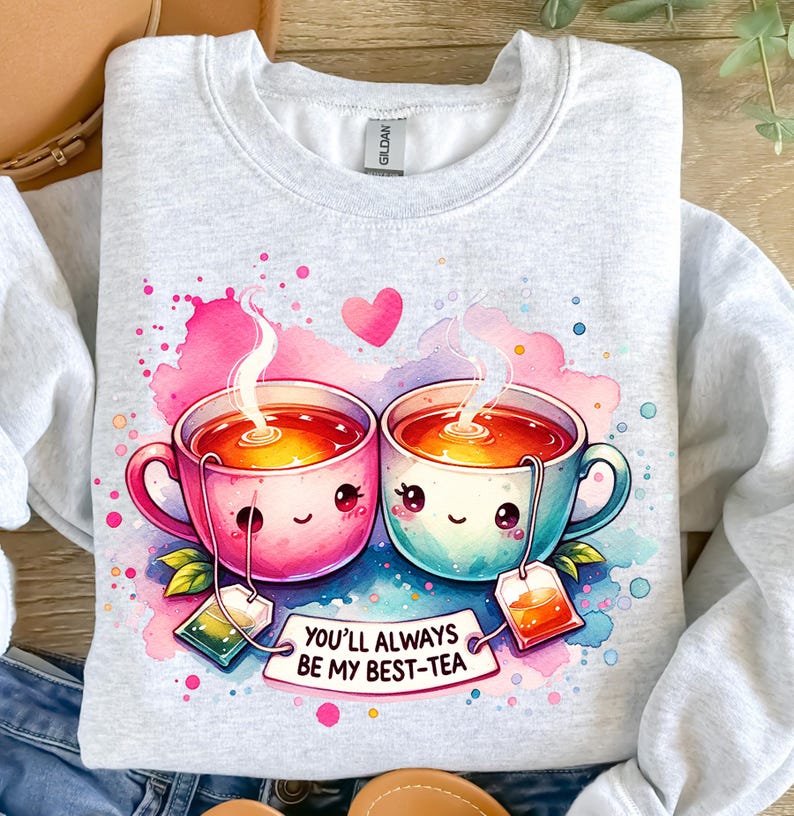 May include: A light gray sweatshirt with a watercolor design of two teacups with smiling faces. The teacups are holding hands and have steam coming out of them. The text "You'll always be my best-tea" is written below the teacups.