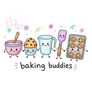 Könnte beinhalten: Eine farbenfrohe Illustration von fünf anthropomorphen Backutensilien, die sich an den Händen halten: eine rosa Rührschüssel mit Holzlöffel, ein Muffin, ein hellblauer Messbecher, ein violetter Pfannenwender und ein Backblech. Darunter steht der Text baking buddies.