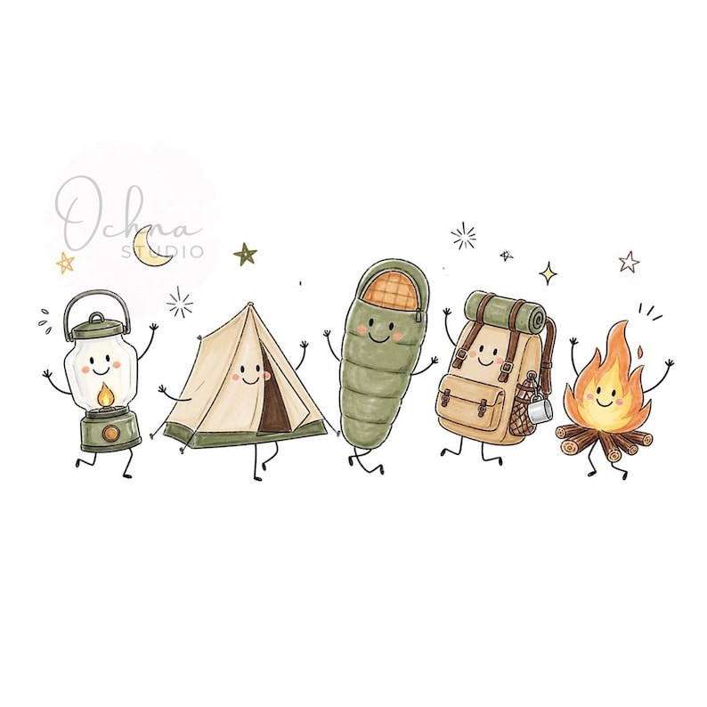 Puede incluir: Una ilustraci&oacute;n digital que presenta cinco art&iacute;culos de camping antropom&oacute;rficos con caras sonrientes: una linterna verde, una tienda de campa&ntilde;a beige, un saco de dormir verde, una mochila beige con una taza y una fogata. El texto Ochna Studio aparece arriba.