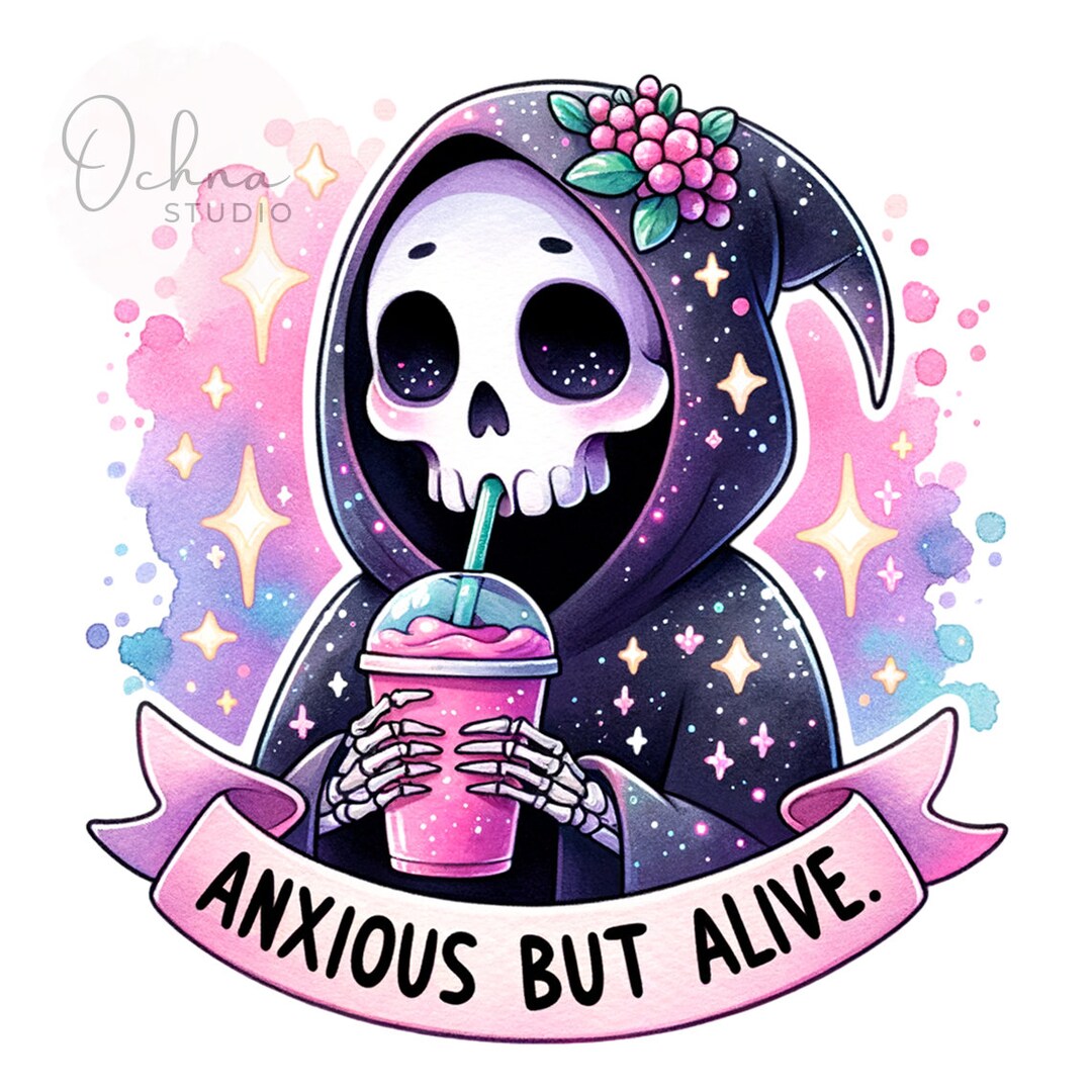 Anxious but Alive PNG, Grim Reaper, Iced Coffee Png, Snarky Skeleton ...