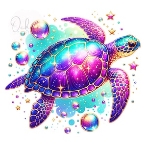 Puede incluir: Una tortuga marina colorida e iridiscente con un caparazón como una galaxia, rodeada de burbujas y estrellas. La tortuga nada en un fondo turquesa y azul.