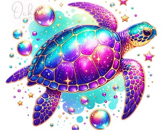 May include: A colorful, iridescent sea turtle with a galaxy-like shell, surrounded by bubbles and stars. The turtle is swimming in a turquoise and blue background.