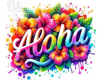May include: A colorful illustration of the word "Aloha" surrounded by tropical flowers and leaves. The background is a watercolor wash of rainbow colors.