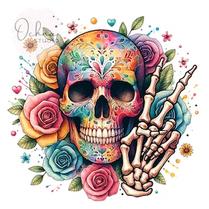 Peut inclure: Un cr&acirc;ne de sucre color&eacute; avec des d&eacute;tails floraux et une main squelettique faisant le signe de la paix. Le cr&acirc;ne est entour&eacute; de roses et de c&oelig;urs color&eacute;s.