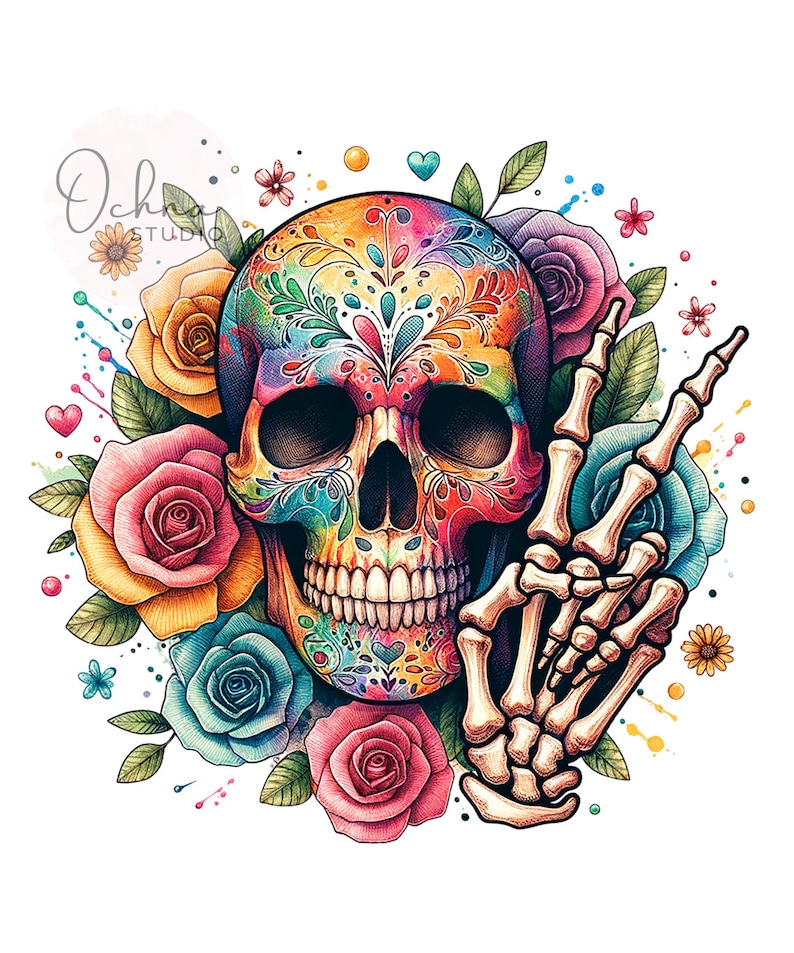 Peut inclure: Un cr&acirc;ne de sucre color&eacute; avec des d&eacute;tails floraux et une main squelettique faisant le signe de la paix. Le cr&acirc;ne est entour&eacute; de roses et de c&oelig;urs color&eacute;s.