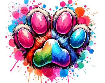 May include: A colorful paw print with a rainbow design on the bottom pad, surrounded by watercolor splatters in shades of pink, blue, and orange.