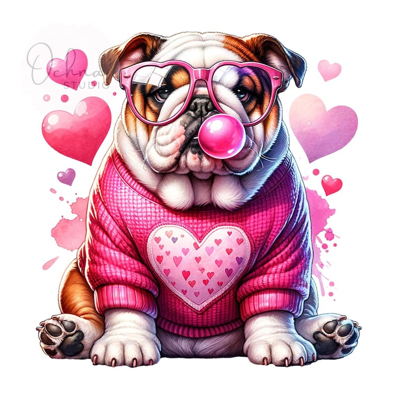 K&ouml;nnte beinhalten: Ein wei&szlig;er und brauner Bulldogge, der eine rosafarbene Herzbrille und einen rosafarbenen Pullover mit einem Herzdesign tr&auml;gt. Der Bulldogge bl&auml;st eine rosafarbene Blase.