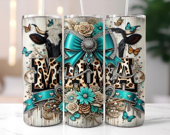 Western Mama Cow Print Turquoise Coquette Bow Leopard Tumbler Wrap, MAMA, Tumbler Sublimation Design, 3D Tumbler Wrap, Digital Download