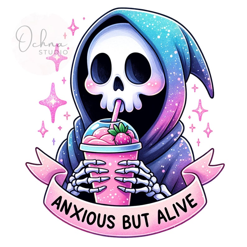 Anxious but Alive PNG, Grim Reaper, Iced Coffee Png, Snarky Skeleton ...