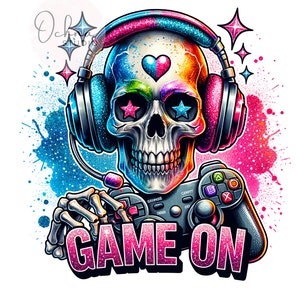 May include: A colorful skull wearing headphones and holding a video game controller. The skull has rainbow colors and stars for eyes. The text "GAME ON" is below the skull.