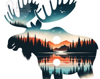 Hirsch Png, Sublimationsdesign, See Spiegelung Png, Waldlandschaft Png, T-Shirt Sublimationsdesign, digitaler Download PNG