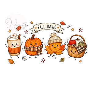 May include: A digital illustration featuring four anthropomorphic characters with smiling faces: a coffee cup with whipped cream, an orange pumpkin wearing a plaid scarf, a maple leaf wearing a beanie, and a woven basket containing apples, with the text FALL BASIC.