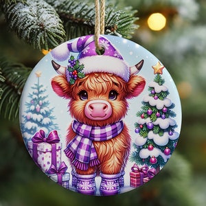 Christmas Highland Cow Ornament Sublimation, Highland Cow Ornament, Pink Christmas Round Ornament, PNG Transparent, Digital Download PNG