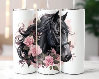 Horse Tumbler Wrapped, Black Horse Pink Roses Tumbler Sublimation, 20oz Skinny Tumbler, Tumbler PNG, 3D Tumbler Wrap, Digital Download