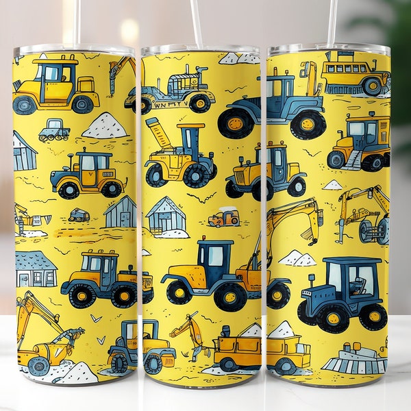 Construction vehicles Tumbler Wrap, Tractors, Trucks Tumbler Sublimation Design, 20oz Skinny Tumbler, 3D Tumbler Wrap, Digital Download