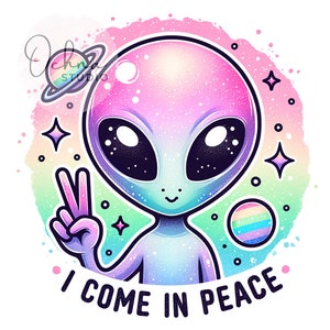 Puede incluir: Un extraterrestre de dibujos animados con un cuerpo de color arco&iacute;ris y un signo de paz, rodeado de estrellas y un planeta arco&iacute;ris. El texto "Vengo en paz" est&aacute; escrito debajo del extraterrestre.