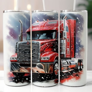 May include: A red semi-truck with a white cab and a silver grille is driving through a snowy landscape. The truck is depicted in a realistic style with detailed features. The background is a blurred white and blue, suggesting a snowy day.