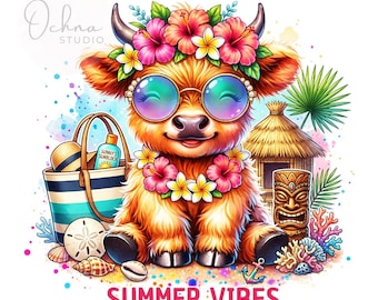 Cute Highland Cow Png, Summer Vibes Png, Tropical Beach Png, Vacation Png, Summer Highland Cow, Sublimation Design, Digital Download PNG