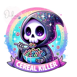 Op de afbeelding: Een cartoon-skelet dat een zwarte kapmantel met glitter draagt en een kom met kleurrijk ontbijtgraan vasthoudt. De tekst "Cereal Killer" staat op een roze banner onder het skelet.