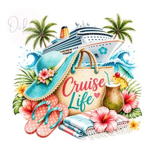 Peut inclure: Une illustration graphique représentant un grand navire de croisière, un sac fourre-tout en paille avec le texte Cruise Life, un chapeau de soleil turquoise, des tongs à pois roses, une noix de coco avec une paille, une serviette et des fleurs d'hibiscus.