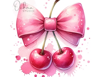 Coquette Cherry PNG, sublimatieontwerp kersen, clipart kersen, kersen met strik, sublimatieontwerp, digitale download, png