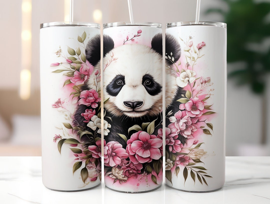 3D Cute Panda Tumbler Wrap, Pink Floral Panda Tumbler Sublimation ...